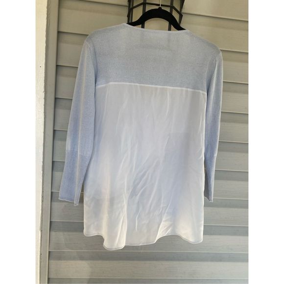 Ecru Baby Blue White Silk Cashmere Blend Sweater V-Neck Blouse Top, Size Medium - Picture 7 of 9
